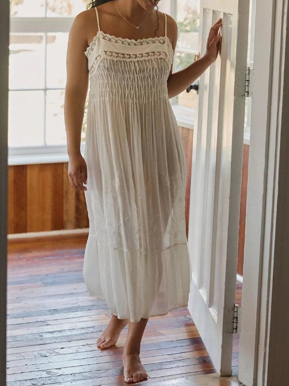 Anthropologie LyreBird Pleated Chiffon Midi Slip Dress Embroidered Lace S 290370